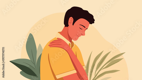 Man in yellow shirt with hand on shoulder, surrounded by plants