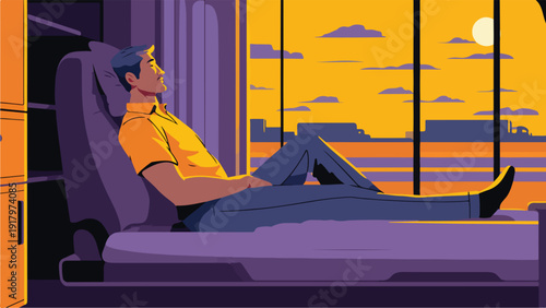 Man relaxing on a couch by a large window with a sunset view