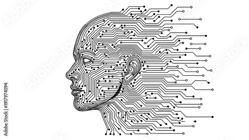 Black continuous line art of a human head merging with circuit lines, artificial intelligence concept, minimal futuristic illustration