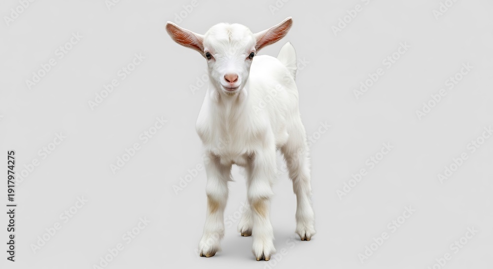 Fototapeta premium A small white goat with brown ears standing on a plain gray background looking directly at the camera