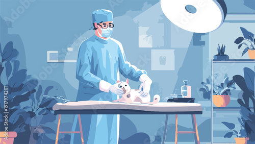 Veterinarian in surgical attire examines a white cat on a table with plants and medical supplies