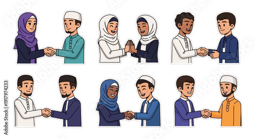 Diverse Muslim men, women, and children shaking hands in various pairs, illustrating greetings, unity, and cultural exchange.