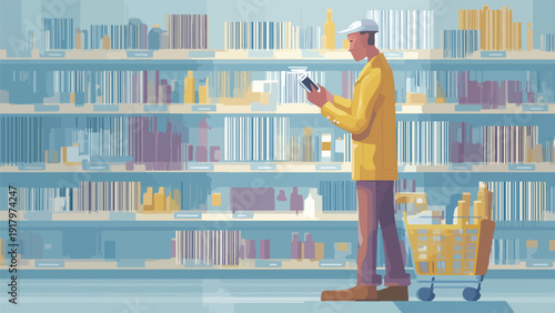 Person in yellow jacket looking at phone in grocery store aisle with full shelves and shopping cart