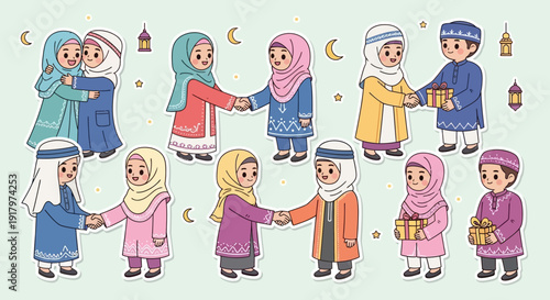 Cute cartoon Muslim children celebrating Eid al-Fitr or Eid al-Adha, exchanging gifts, shaking hands, and hugging in various poses.