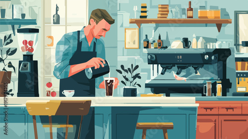 Barista pouring drink into glass with coffee machine and blender in background