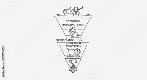 A clear marketing sales funnel diagram illustrating the customer journey stages from awareness to