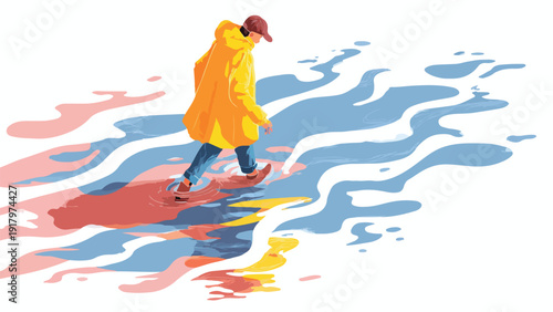 Person in yellow coat walks through abstract watery puddles with colorful reflections