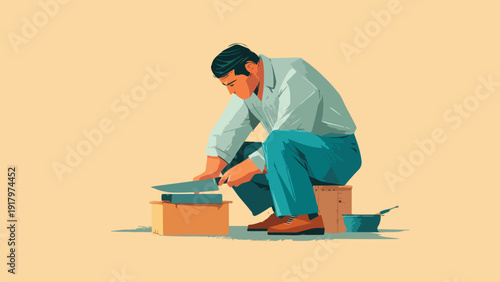 Man in light blue shirt and teal pants sharpens a knife on a sharpening stone