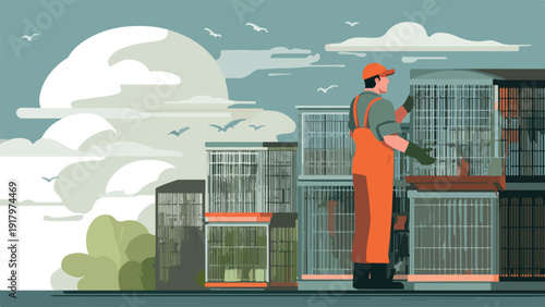 A person in orange overalls and a cap works near cages under a cloudy sky
