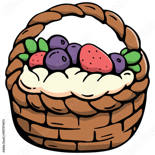Vegan Easter basket cake with whipped cream and fresh berries, hand drawn doodle icon of strawberry and blueberry dessert, isolated spring vector.