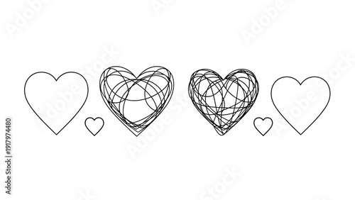 Abstract illustration of tangled and simple outline heart shapes