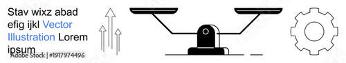 Law and order, progress, engineering, decision-making, balance, growth. A balance scale, upward arrows and a cogwheel in black. Justice and progress concept