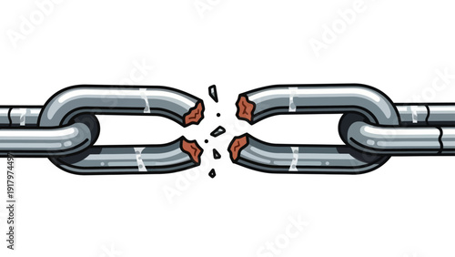 A cartoon illustration of a broken chain link with fragments flying out.