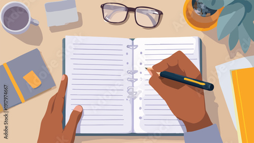 Overhead view of hands writing in a notebook with glasses, coffee, and plant on a desk