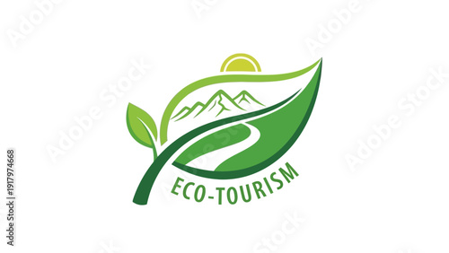 Eco tourism logo with leaf, mountains and sun