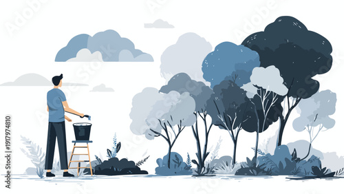 Gardener tending to plants in a serene blue-toned forest scene