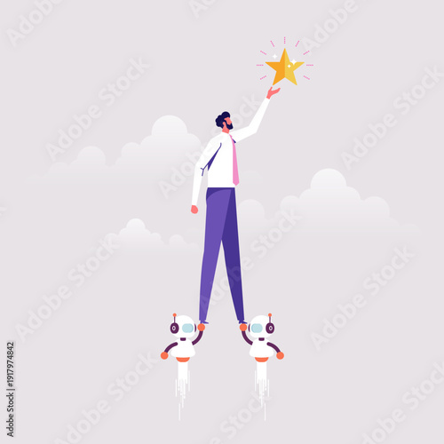 Using Artificial Intelligence innovation to help business achievement, AI adoption or implementation to success, AI robot lifting businessman to reach success star