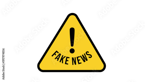 Fake news warning sign with an exclamation mark on a yellow triangle.
