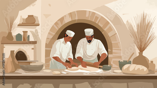 Bakers work at a stone oven, shaping dough and preparing bread in a rustic kitchen