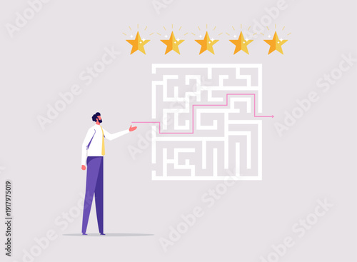 Problem solving business labyrinth skill concept, overcoming obstacles skill, process or procedure to fix problem, businessman present problem solving procedure on maze