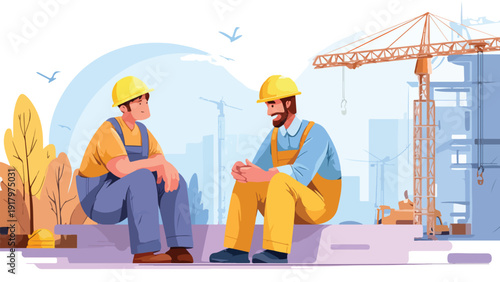 Two construction workers taking a break on a sunny day amidst ongoing building projects