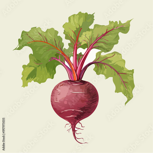 A detailed illustration of a beetroot with vibrant red roots and green leaves from a front viewpoint