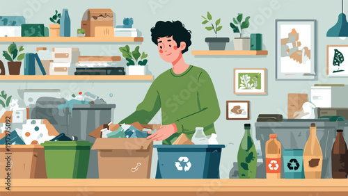 Person sorting recyclables into bins in a room with shelves and plants