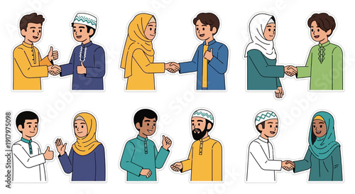 Diverse pairs of Muslim people greeting each other with handshakes and thumbs up, celebrating community and cultural interaction.