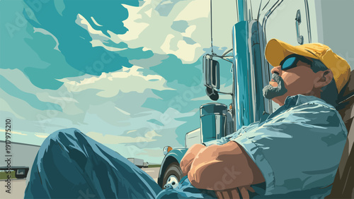 A man in a yellow cap relaxes leaning against his truck under a cloudy sky