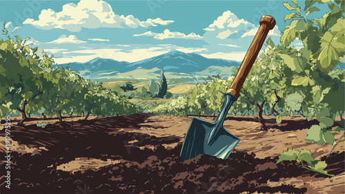 A shovel is plunged into freshly turned earth in a vineyard, with mountains and a cloudy sky in background
