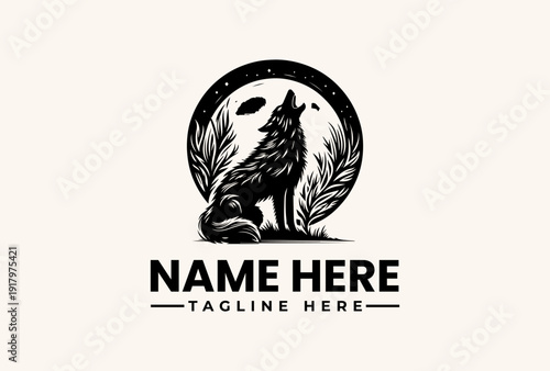 Black and white illustration of a wolf howling at the moon, surrounded by leaves and a circular design with space for a logo and tagline on a clean background.