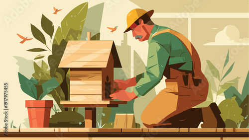 A craftsman kneels, building a wooden birdhouse amidst lush foliage and flying birds