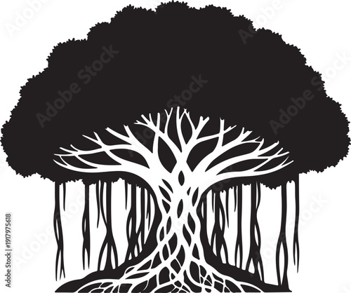 Tree of Life Silhouette Banyan Tree with Roots, Nature and Spiritual Symbol.