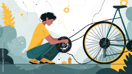 Person in yellow shirt fixing bicycle gears with stylized natural elements in background