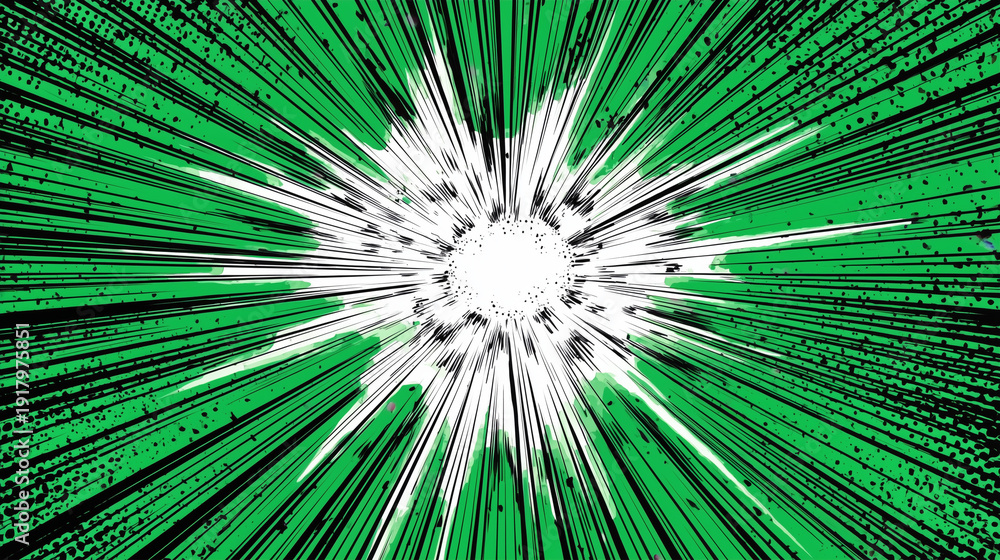 Obraz premium グリーン背景のコミック爆発バースト / Green Comic Explosion Burst Background