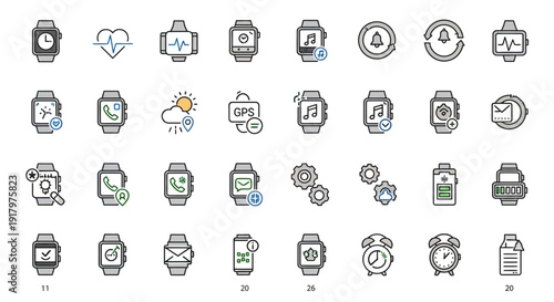 Smartwatch Function Icons Set. Wearable Technology, Health & Connectivity UI