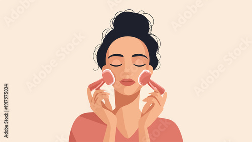 A woman with dark hair in a bun closes her eyes and uses a pink facial roller on her cheeks