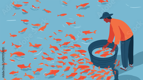 Fisherman gathers many orange fish in a large blue tub in the water