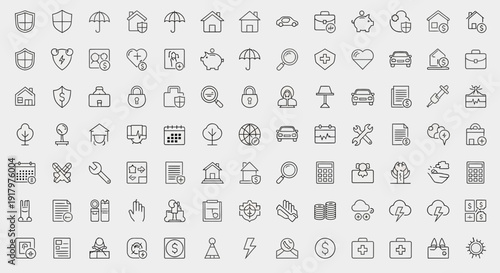 Vast Outline Icons Set for Security, Insurance, Finance, and Property