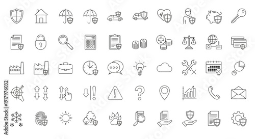 Outline Security, Protection, and Insurance Vector Icon Collection Set