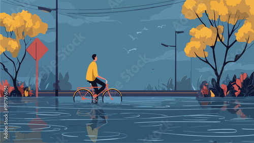 A person cycles through flooded streets under a cloudy sky with autumn trees