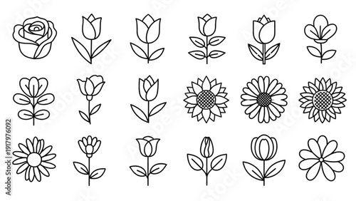 Collection of Various Floral Elements in a Minimalist Vector Icon Sheet Design