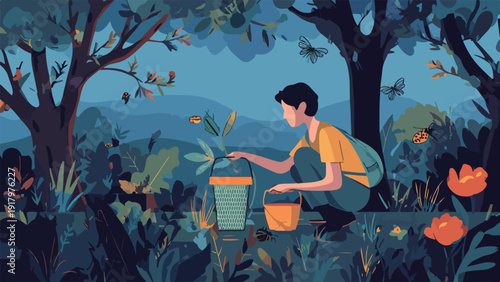 A person crouches in a lush, blue-toned forest, observing nature with buckets