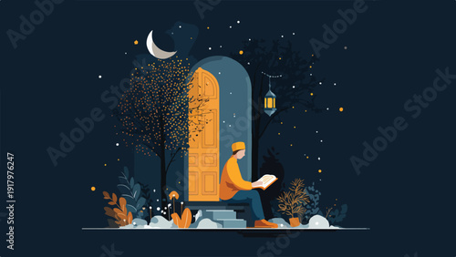 A person reads outdoors at night, illuminated by a moon and starry sky