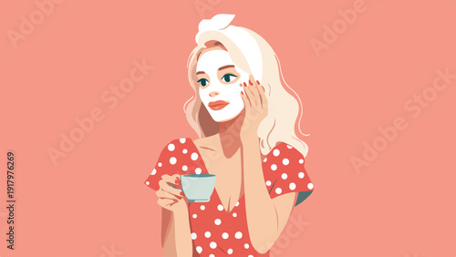 Woman with face mask and cup of tea, relaxing at home