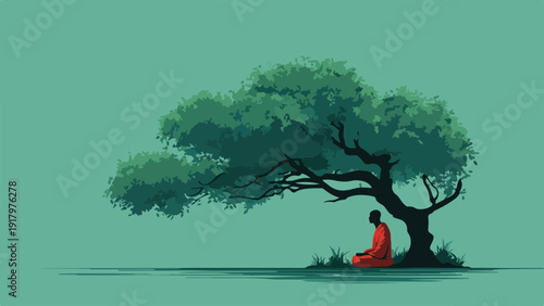 Serene figure in orange robes meditates beneath a large, leafy tree