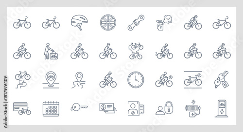 Bicycle, Cycling & Bike Service Monochrome Line Icons Set