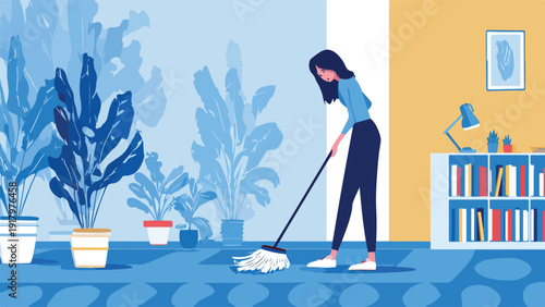 Woman mops a floor with potted plants and a bookshelf in a room