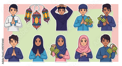 Diverse group of Muslim children and young adults celebrating Eid al-Fitr, featuring traditional lanterns and ketupat, in a vibrant cartoon sticker style.