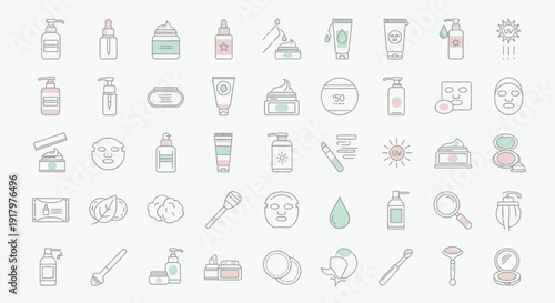 Beauty & Skincare Product Icons, Soft Green Pink Modern Line Art Collection